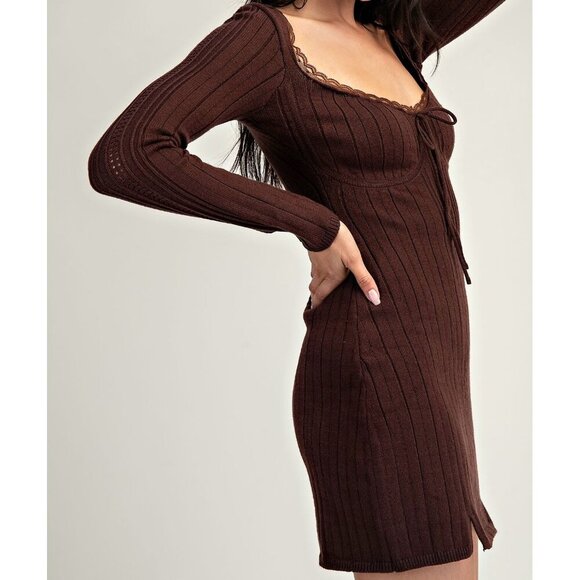 LIKE CHOCOLATE BROWN KNIT MINI DRESS - Picture 3 of 3